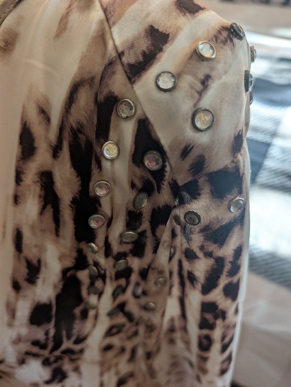 Jennifer Lopez Cream and Brown Printed Button-Front Blouse with Stud Accents - Picture 2 of 3